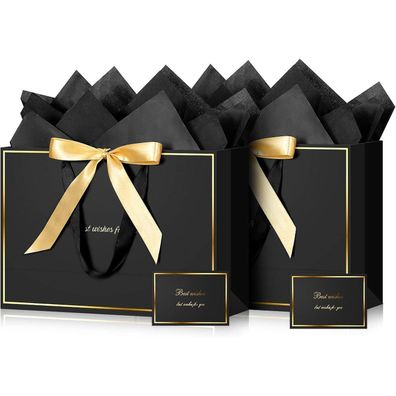 BBLIKE Geschenktüten Set mit Schleifenbändern, Schwarz Gold, 2 Stück, inkl
