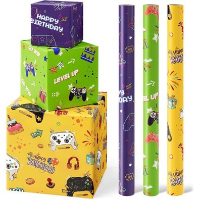 Wernnsai 3 Rollen Gaming Geschenkpapier für Kinder Jungen, Geburtstag, mit