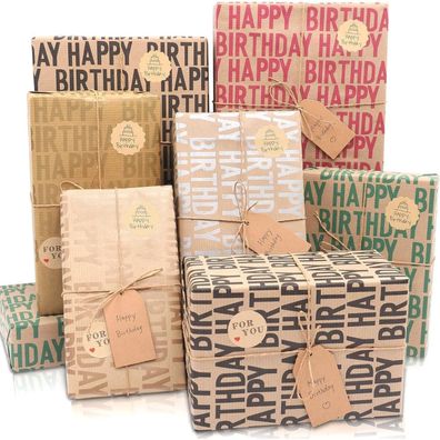 MAMUNU Geschenkpapier Geburtstag, 6 Blatt 70x50CM Vintage Kraftpapier mit