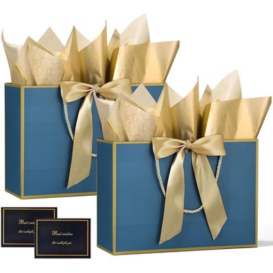 BBLIKE Geschenktüten mit Henkel, 2er-Set, Navy Blau, inkl. Grußkarten
