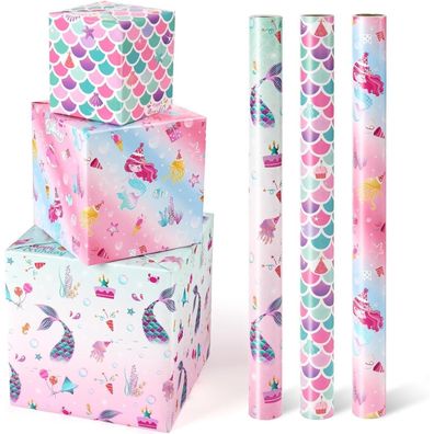 Wernnsai Meerjungfrau Geschenkpapierrollen - 3 Rollen 43 cm x 3 m für Mädchen