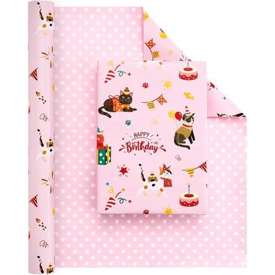 Wernnsai Katzen Geschenkpapier Rolle - Rosa Tupfen & Katzenmuster, ideal für