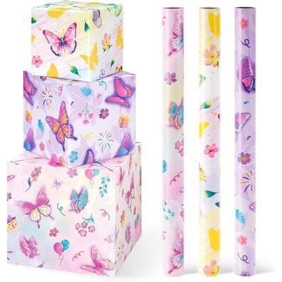 Wernnsai Schmetterlings Geschenkpapier - 3 Rollen, Lila Blumen, für Mädchen