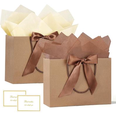BBLIKE Geschenktüten mit Henkel, 2er Set Braunes Kraftpapier, inkl. Grußkarten