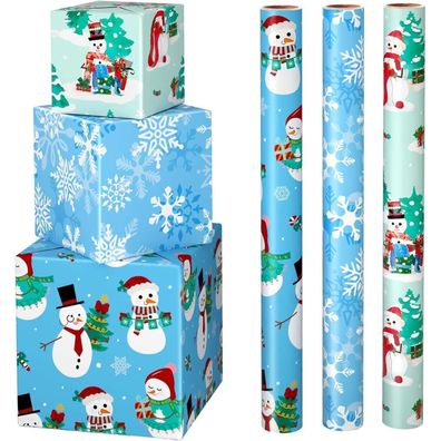 Wernnsai Weihnachts Geschenkpapier - 3 Rollen in Blau mit Schneemann