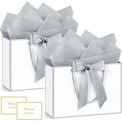 BBLIKE Geschenktüten mit Henkel, 2 Stück, Weiß Silberner Rand, inkl. Grußkarten