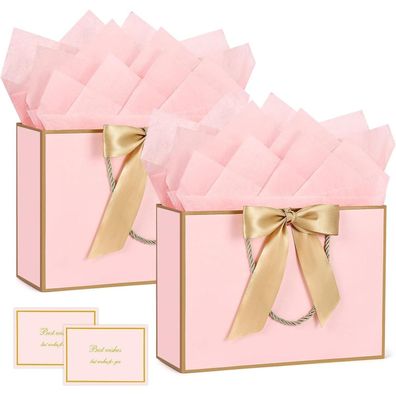 BBLIKE Geschenktüten mit Henkel, 2 Stück, Rosa - Inkl. Grußkarten & Seidenpapier