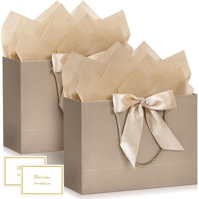 BBLIKE Geschenktüten mit Henkel, 2 Stück, Champagnerfarbe - Inkl. Grußkarten