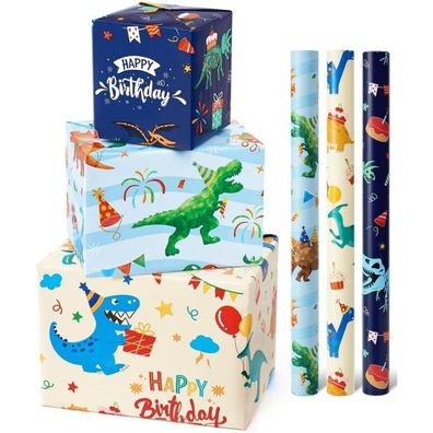 Wernnsai Dinosaurier Geschenkpapier - 3 Rollen Dino Geburtstags