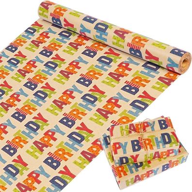 MAMUNU Geschenkpapier Geburtstag Rolle - 15m x 43cm, Kraftpapier, Bunt Happy