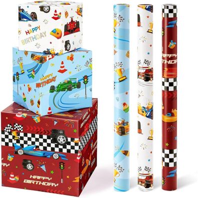 Wernnsai Rennauto Geschenkpapier - 3 Rollen (43 x 305 cm) mit Schnittlinien für