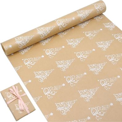 OTMVicor 15m Kraftpapier Geschenkpapier Rolle, bedruckt mit Baum und Stern