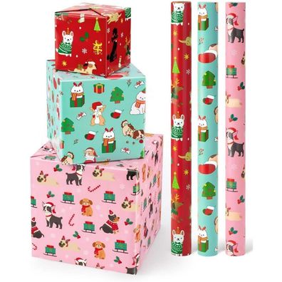 Wernnsai Geschenkpapier 3 Rollen für Kinder, Weihnachten Hunde-Motive, Rot
