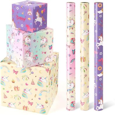 Wernnsai Einhorn Geschenkpapier - 3 Rollen mit Schnittlinie, 43x305cm, für