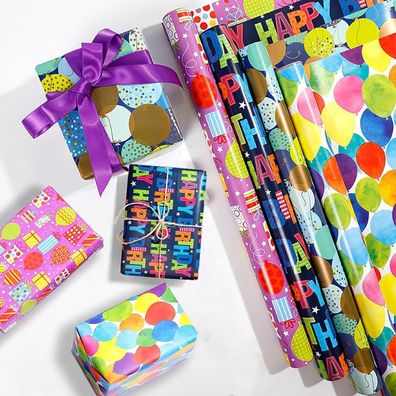 Trrrioosy 4 Rollen Geschenkpapier Geburtstag 43x300cm Bunt für Kinder