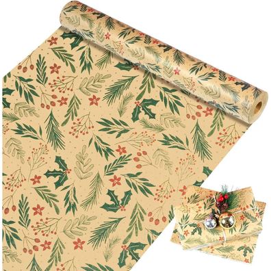 MAMUNU Weihnachten Geschenkpapier Rolle 43 cm x 15 m - Braun, Grün, Rot