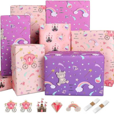 Edunass Geschenkpapier Kinder Mädchen Geburtstag Rosa Lila Schloss Regenbogen
