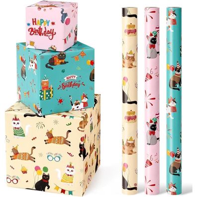 Wernnsai Geschenkpapier für Katzen - 3 Rollen (43 x 305 cm) mit Schnittlinien
