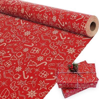 MAMUNU Geschenkpapier Rolle Weihnachten Rot Kraftpapier 43cm x 15M für Kinder