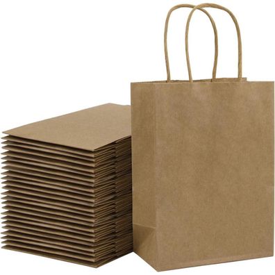 Loveinside 25 Stück Kraftpapier Geschenktüten Braun mit Griffen, 33 x 25,4 x