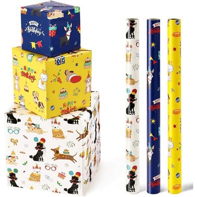 Wernnsai Hunde Geschenkpapier - 3 Rollen mit Schnittlinie für
