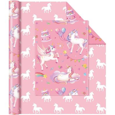 Wernnsai Einhorn Geschenkpapier Rolle - Rosa Regenbogen Design für Mädchen