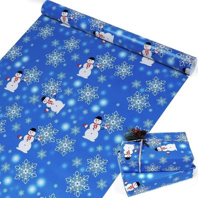 Geschenkpapier Weihnachten Rolle, Blau mit Schneemännern & Schneeflocken, 43cm