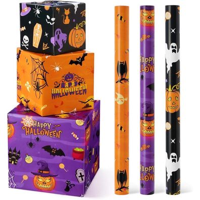 Wernnsai Halloween Geschenkpapier - 3 Rollen mit Kürbis & Spinnen Motiv, ideal