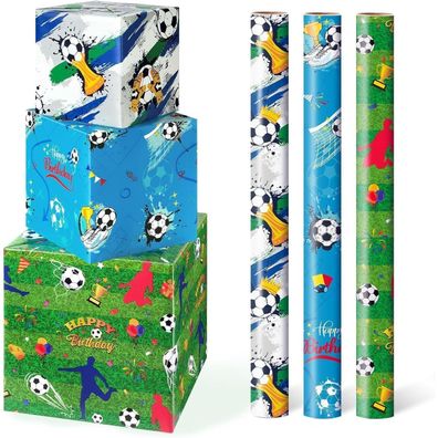 Wernnsai Fußball Geschenkpapier - 3 Rollen für Jungen Kinder Geburtstagsfeier