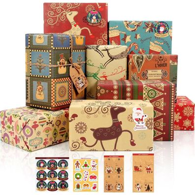 Geschenkpapier Weihnachten Set, 12 Blatt Kraftpapier 50x70cm mit Aufklebern und