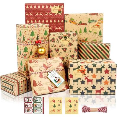 MAMUNU Geschenkpapier Weihnachten Set, 8 Blatt Recycling Kraftpapier mit