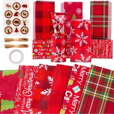 Zindoo Geschenkpapier Weihnachten, 6 Blatt Rotes 50x70cm mit Aufklebern und 20m