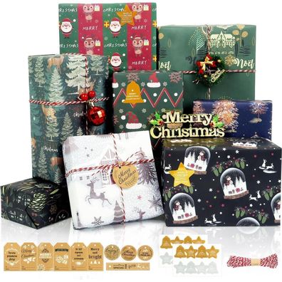 Geschenkpapier Weihnachten Set, 8 Blatt Recycling Kraftpapier Grün & Marineblau