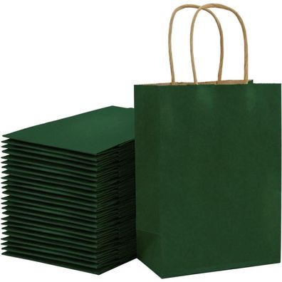 Loveinside 25 Stück Kraft Papiertüten Grün mit Griffen, 25,4 x 12,7 x 33 cm