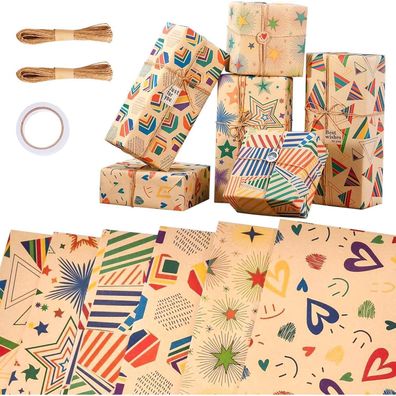 Zindoo Geschenkpapier Set mit 6 Blatt (50x70cm), geometrische Muster, Aufkleber