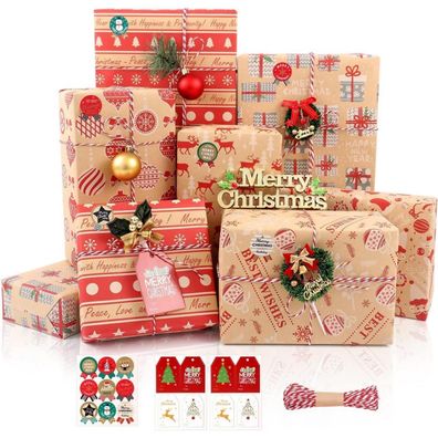 MAMUNU Weihnachten Geschenkpapier Set, 8 Blatt Kraftpapier (70x50cm) mit