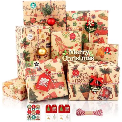 MAMUNU Weihnachten Geschenkpapier Set, 8 Blatt Kraftpapier mit Aufklebern