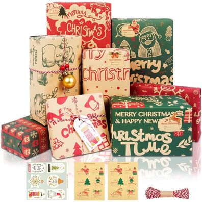 MAMUNU Geschenkpapier Weihnachten Kraft, 8 Blatt Recycling Weihnachtspapier Set