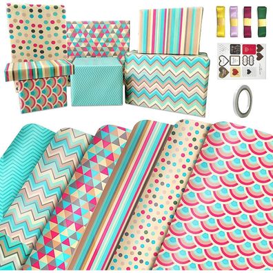 Edunass Geschenkpapier Set Rot Grün, 6 Blatt mit Aufklebern und Schleifenband