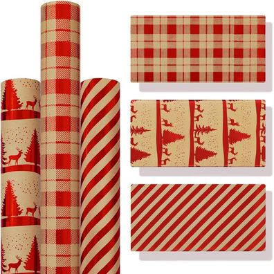 Zindoo Geschenkpapier Weihnachten, 3 Rollen (43x300cm) Kraftpapier mit