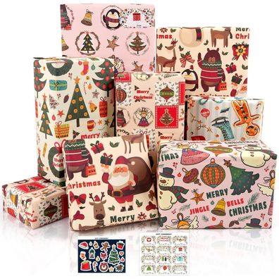 MAMUNU Geschenkpapier Weihnachten Set, 6 Blatt Rosa Kraftpapier (50x70cm) mit