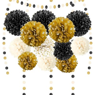 Trrrioosy Partydekoration Pompons 15 Stück Schwarz Gold Weiß mit Papiergirlande