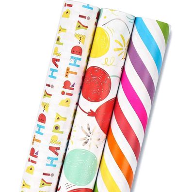 Ruspepa Geschenkpapier Rolle - 3 Geburtstagsdesigns, 43.2 cm x 305 cm pro