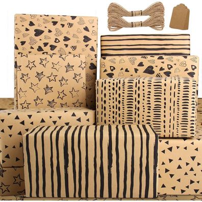 Edunass Geschenkpapier Set Geburtstag Kraft & Schwarz, 5 Bögen mit Anhängern