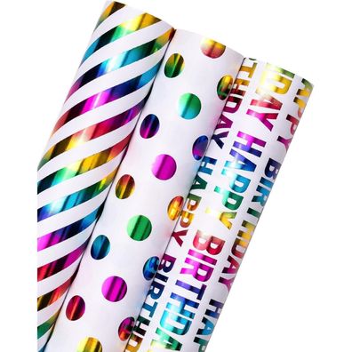 Ruspepa Geburtstags-Geschenkpapierrolle, 3 Rollen, 43,2 cm x 3,05 m, buntes