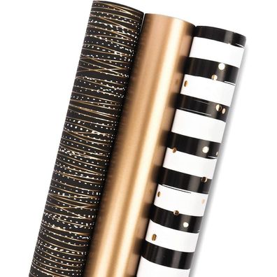 Ruspepa Geschenkpapierrolle - 3 Designs Schwarz-Gold Streifen, 43,2 cm x 3,05 m