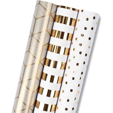Ruspepa Geschenkpapierrolle Mini - 3 Gold & Weiß Sets - 43,2 cm x 3,05 m pro