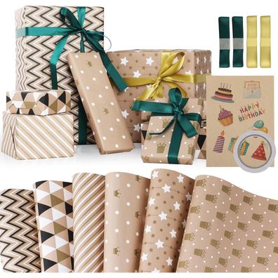 Hianjoo Geschenkpapier Geburtstag Set 6 Blatt mit Klebeband und Bändern, 70 x