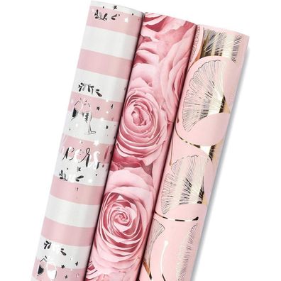 Ruspepa Geschenkpapierrolle Mini - 3 Rosa Blumenmuster, 43,2 cm x 3,05 m pro
