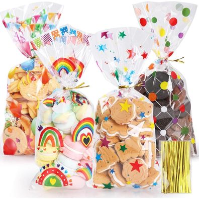 Bigqin 100 Stk. Zellophantüten 27x12,5 cm mit 120 Twist-Krawatten, 4 bunte
